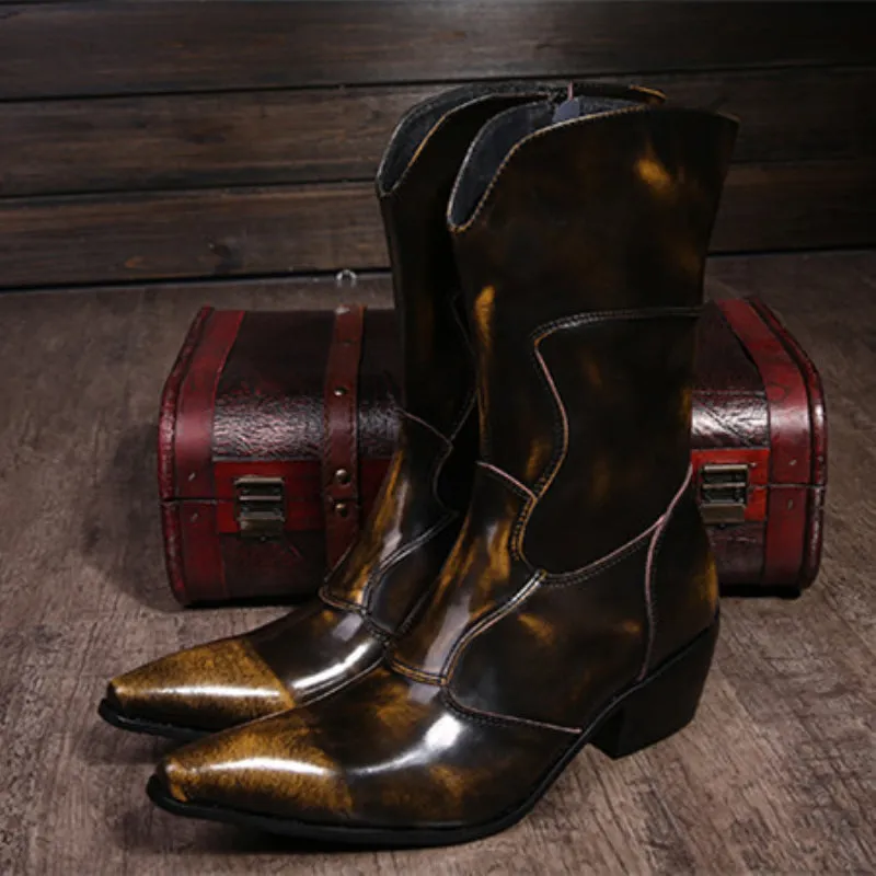 Winter Autumn Men Genuine Leather Long Boots Brown Pointed Toe Cowboy Mid Calf Boots Man Western Middle Boots