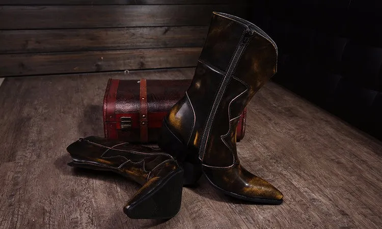 Winter Autumn Men Genuine Leather Long Boots Brown Pointed Toe Cowboy Mid Calf Boots Man Western Middle Boots