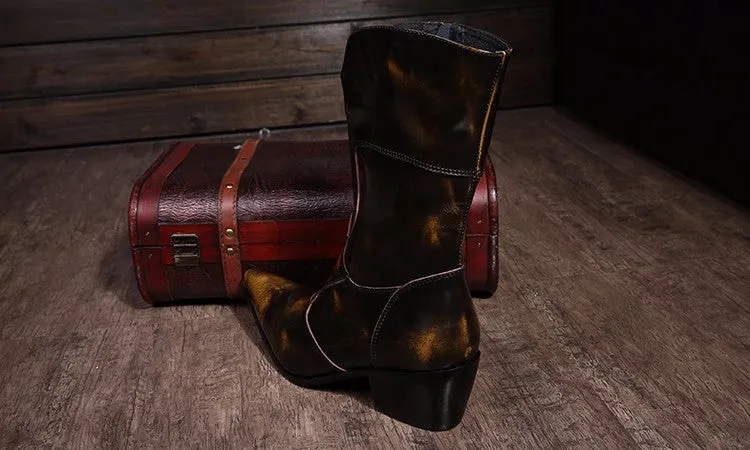Winter Autumn Men Genuine Leather Long Boots Brown Pointed Toe Cowboy Mid Calf Boots Man Western Middle Boots