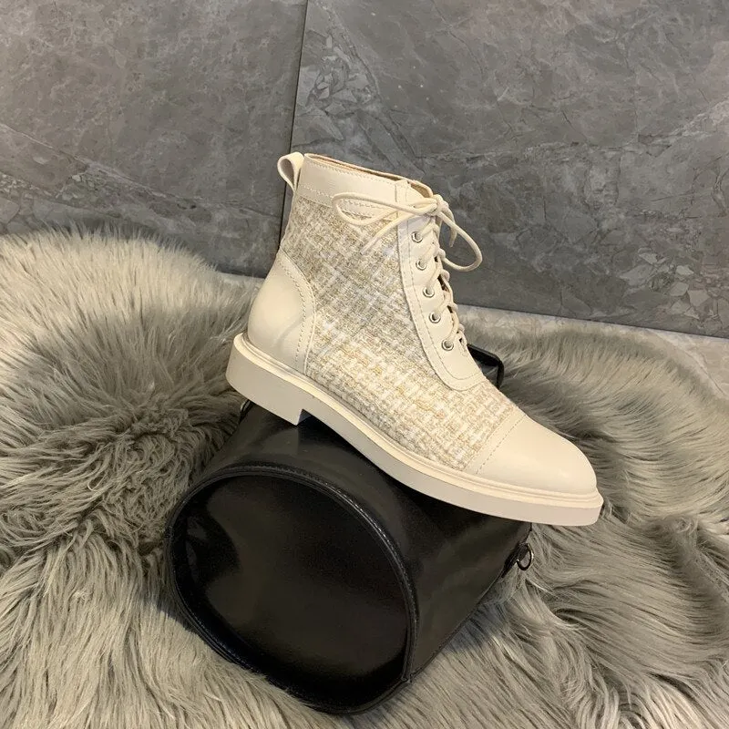 Woman Round Toe Patchwork Gingham Cross-tied Chelsea Boots