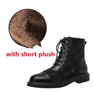 Woman Round Toe Patchwork Gingham Cross-tied Chelsea Boots
