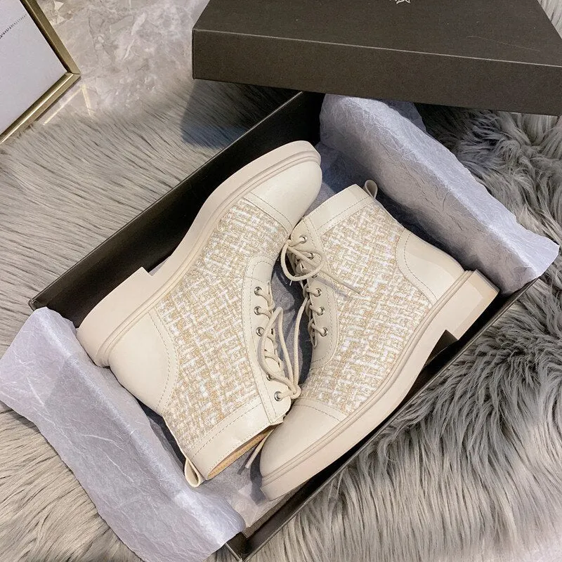 Woman Round Toe Patchwork Gingham Cross-tied Chelsea Boots