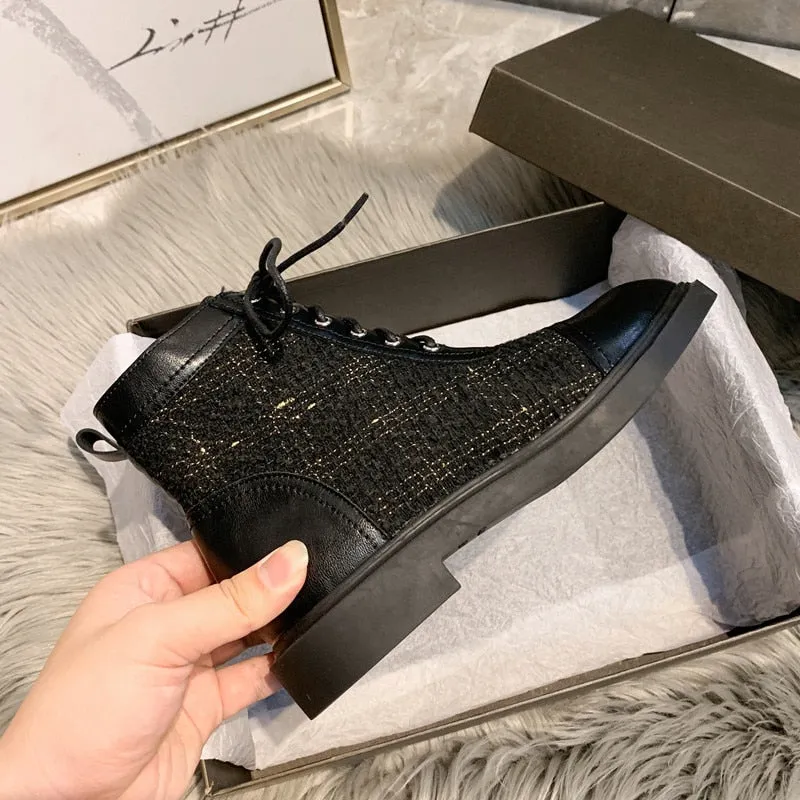 Woman Round Toe Patchwork Gingham Cross-tied Chelsea Boots