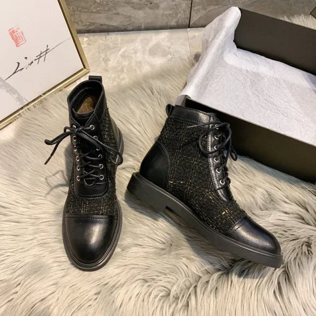 Woman Round Toe Patchwork Gingham Cross-tied Chelsea Boots