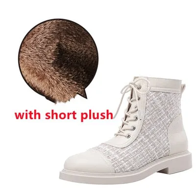 Woman Round Toe Patchwork Gingham Cross-tied Chelsea Boots