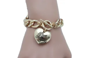 Women Bangle Bracelet Gold Metal Chain Heart Charm Best Friend Love