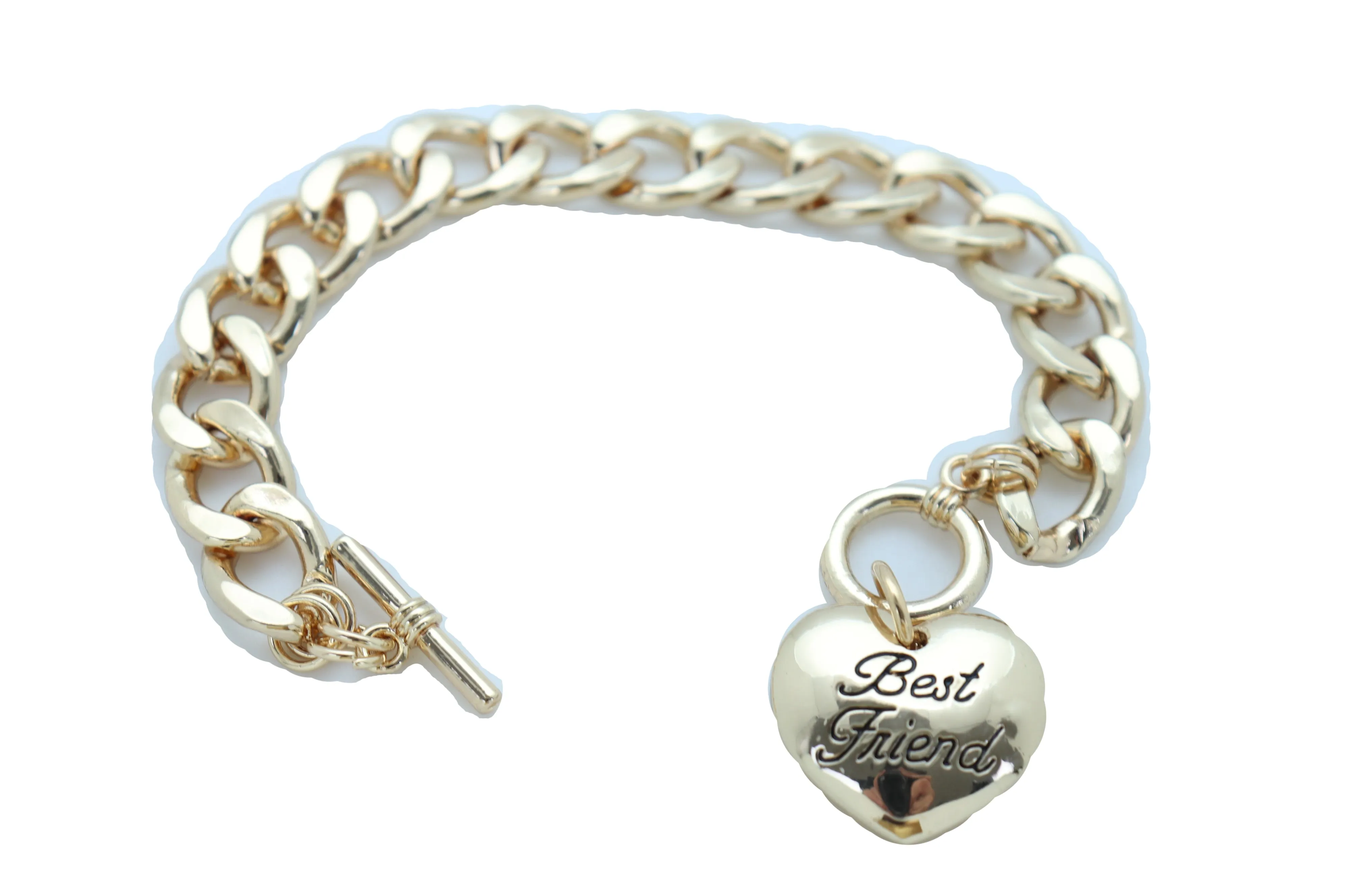Women Bangle Bracelet Gold Metal Chain Heart Charm Best Friend Love
