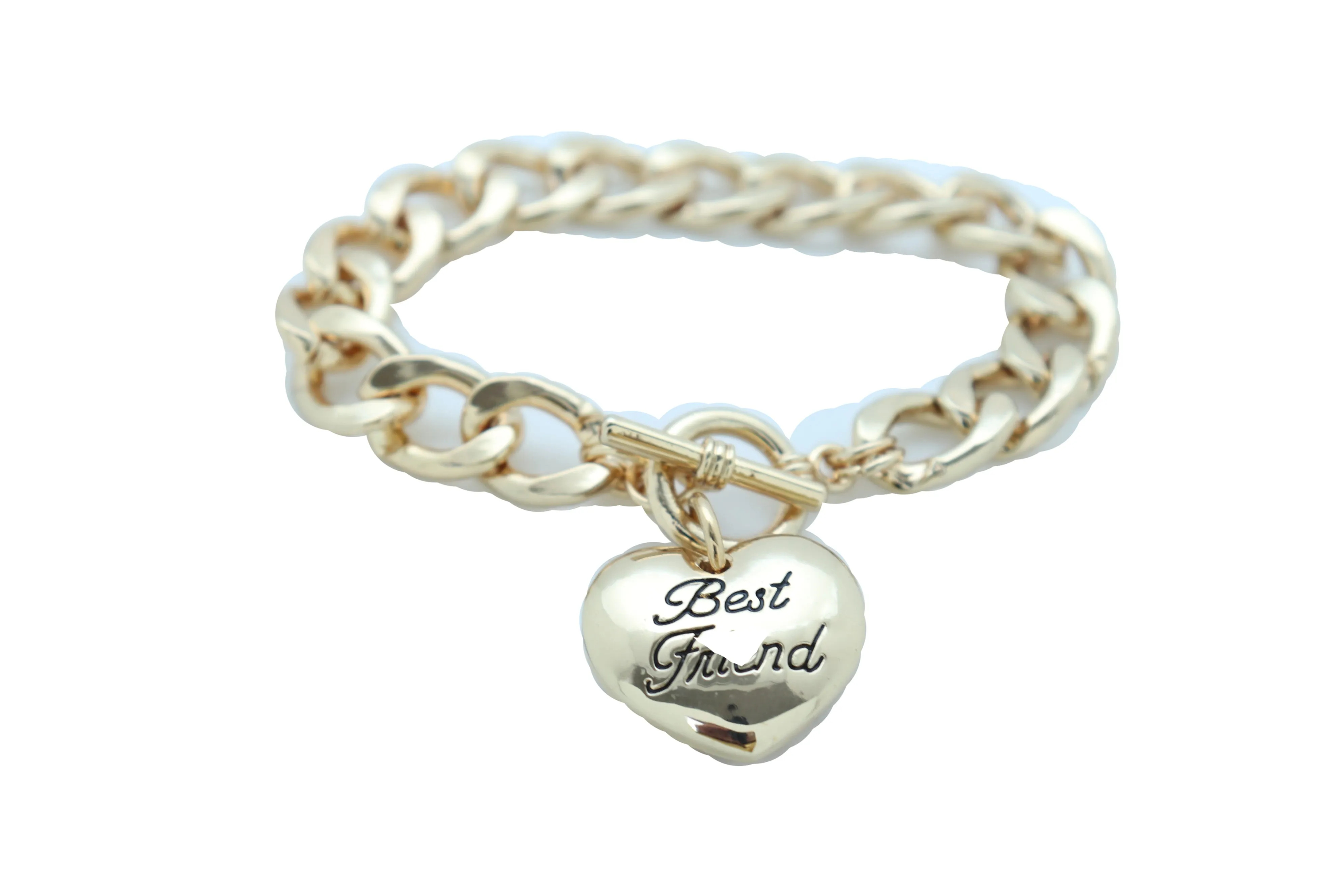 Women Bangle Bracelet Gold Metal Chain Heart Charm Best Friend Love