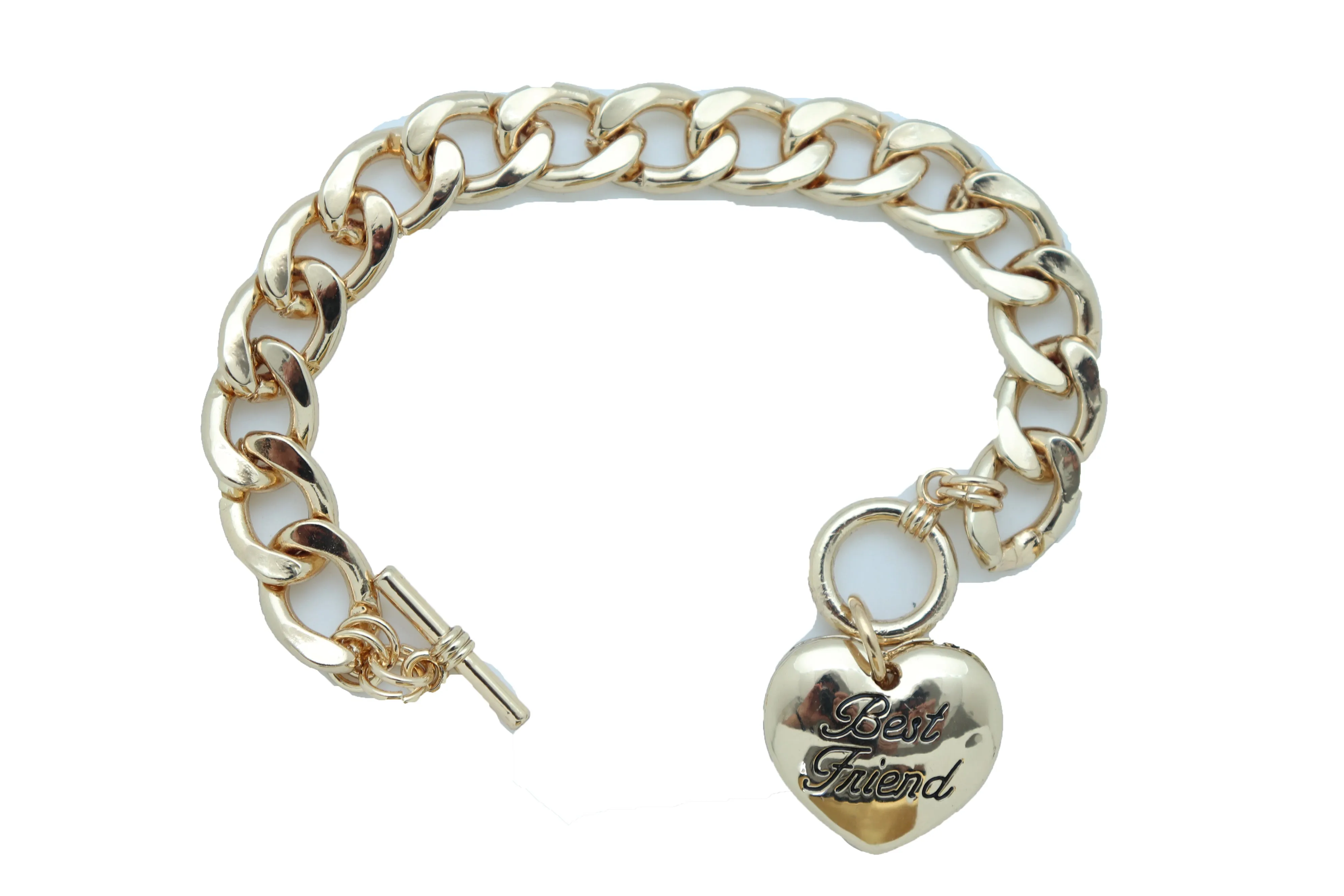 Women Bangle Bracelet Gold Metal Chain Heart Charm Best Friend Love