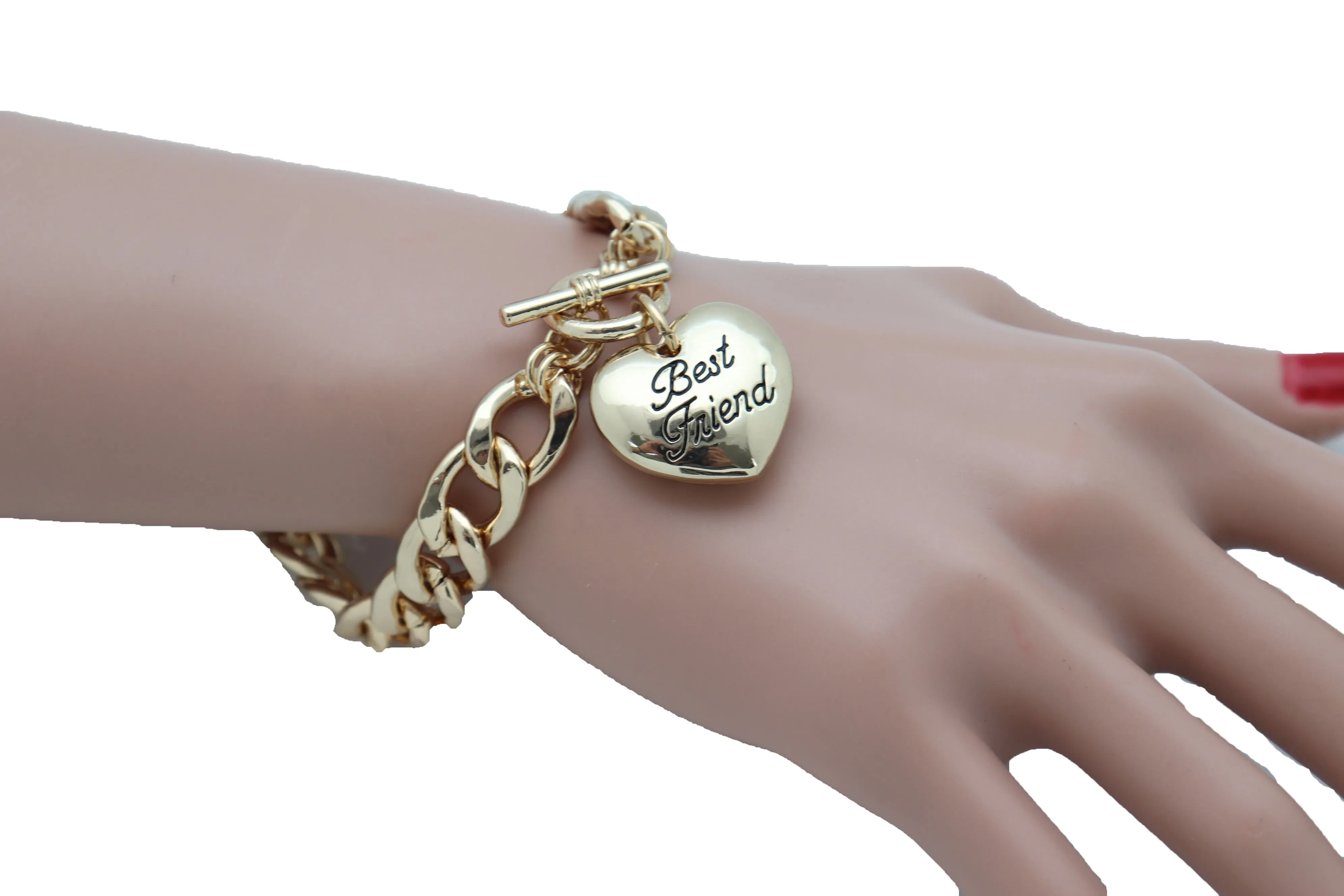 Women Bangle Bracelet Gold Metal Chain Heart Charm Best Friend Love
