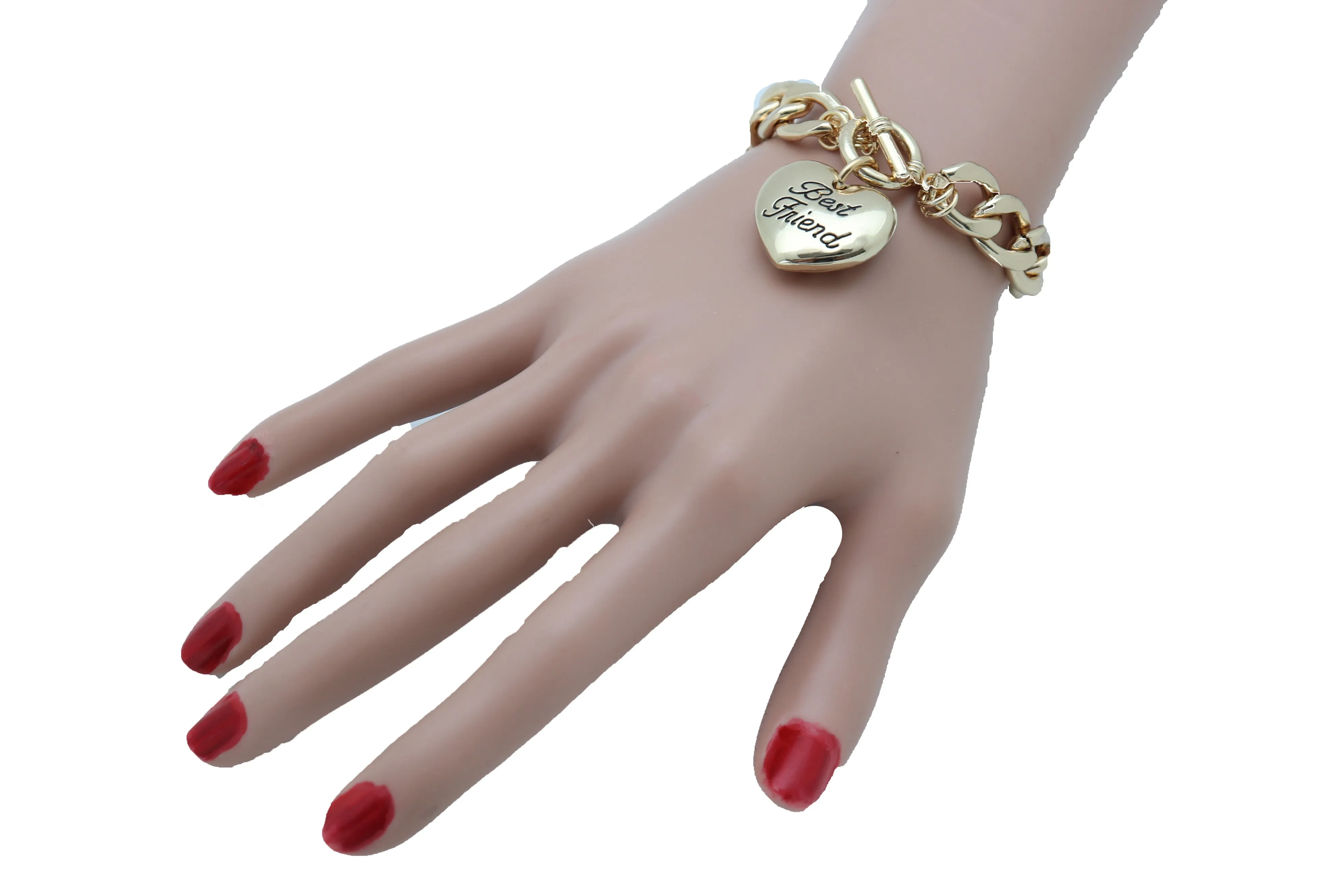 Women Bangle Bracelet Gold Metal Chain Heart Charm Best Friend Love