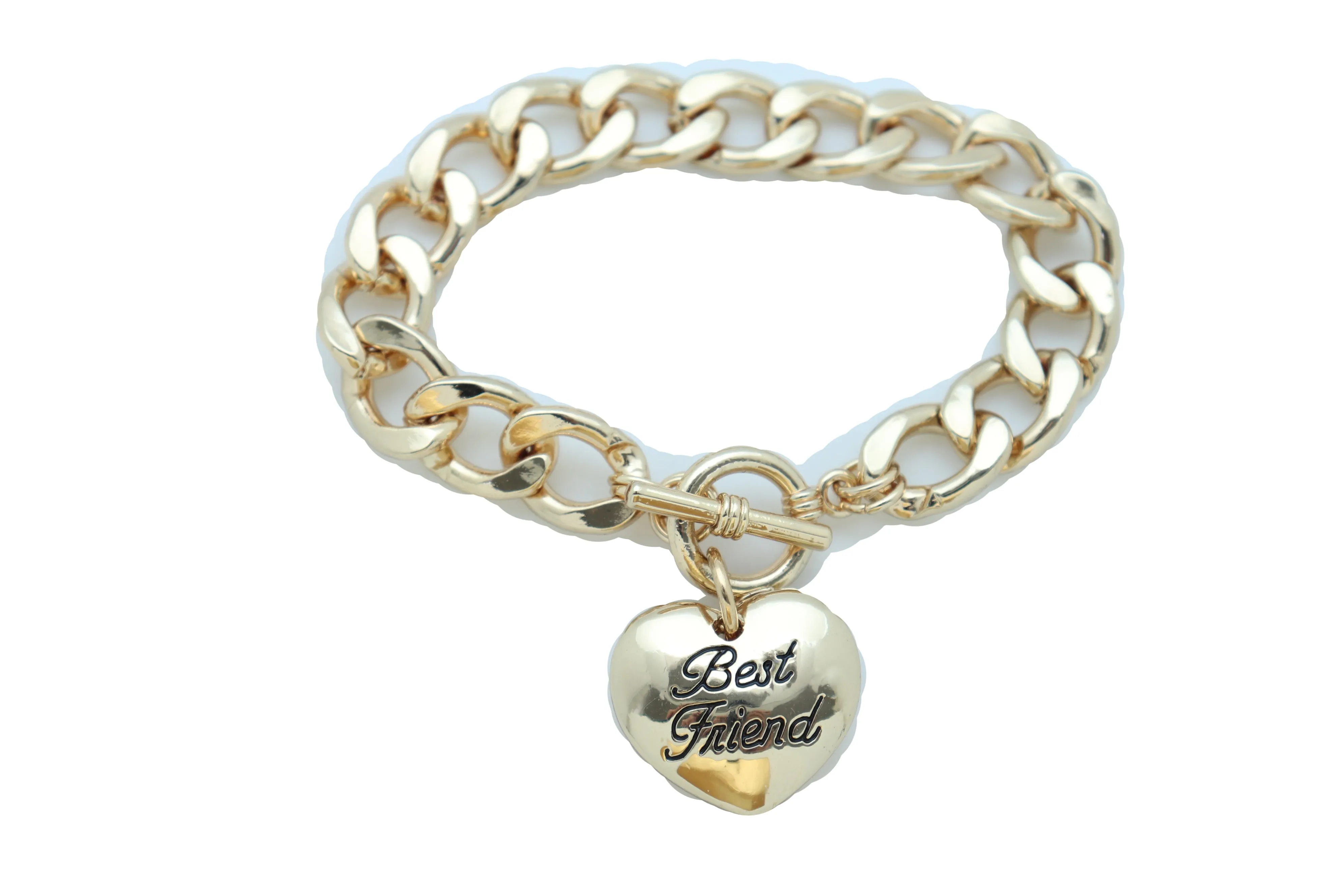 Women Bangle Bracelet Gold Metal Chain Heart Charm Best Friend Love