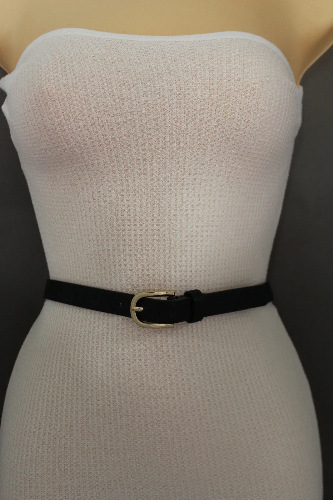 Women Black Peach Beige Faux Leather Bronze Belt Narrow Studs Gold Buckle Fashion S M