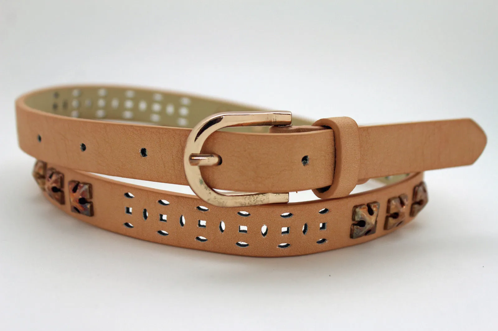 Women Black Peach Beige Faux Leather Bronze Belt Narrow Studs Gold Buckle Fashion S M