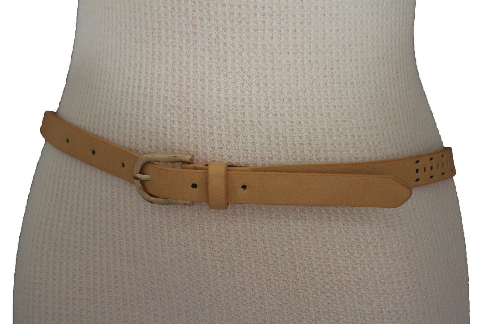 Women Black Peach Beige Faux Leather Bronze Belt Narrow Studs Gold Buckle Fashion S M
