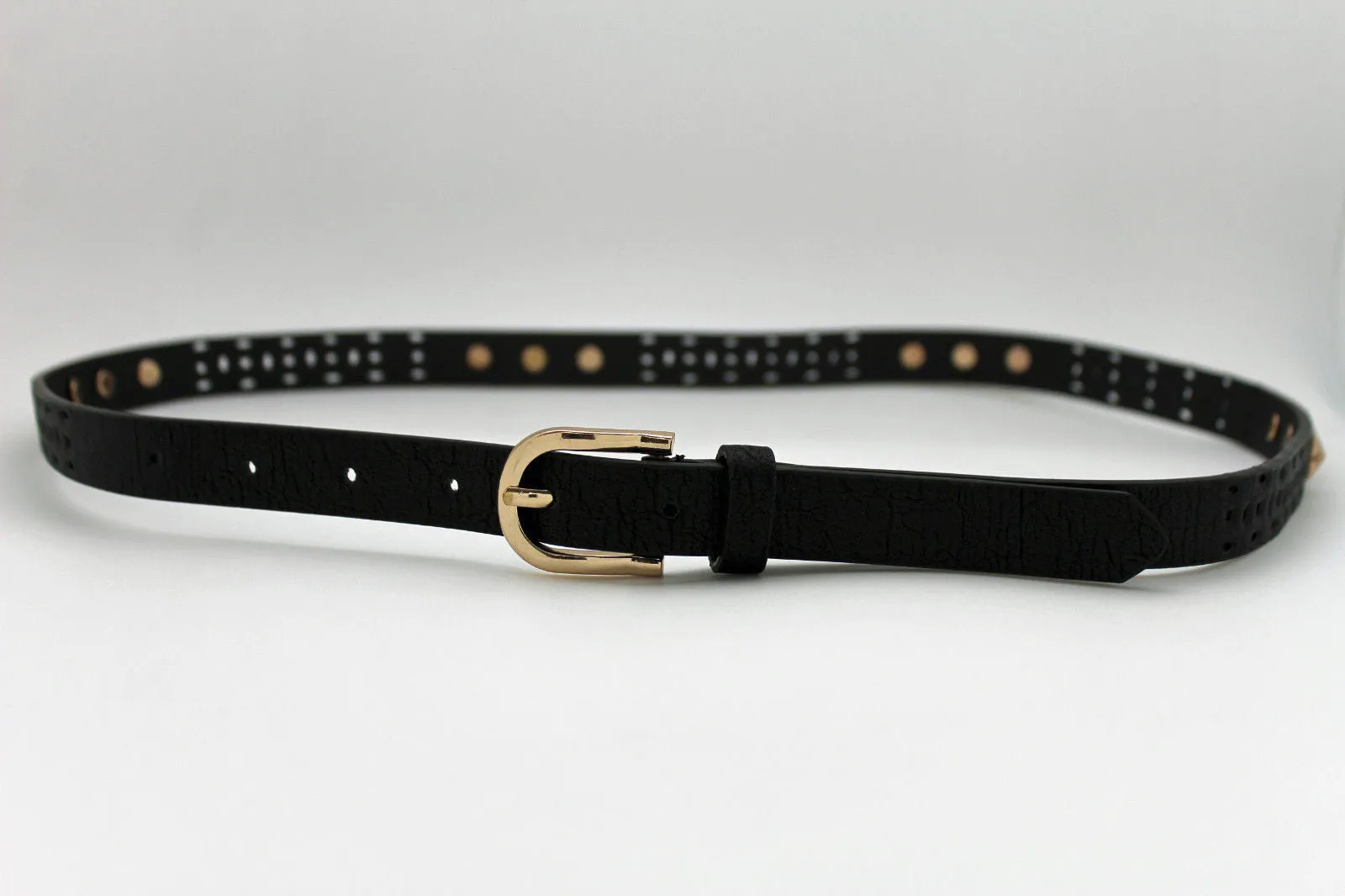 Women Black Peach Beige Faux Leather Bronze Belt Narrow Studs Gold Buckle Fashion S M