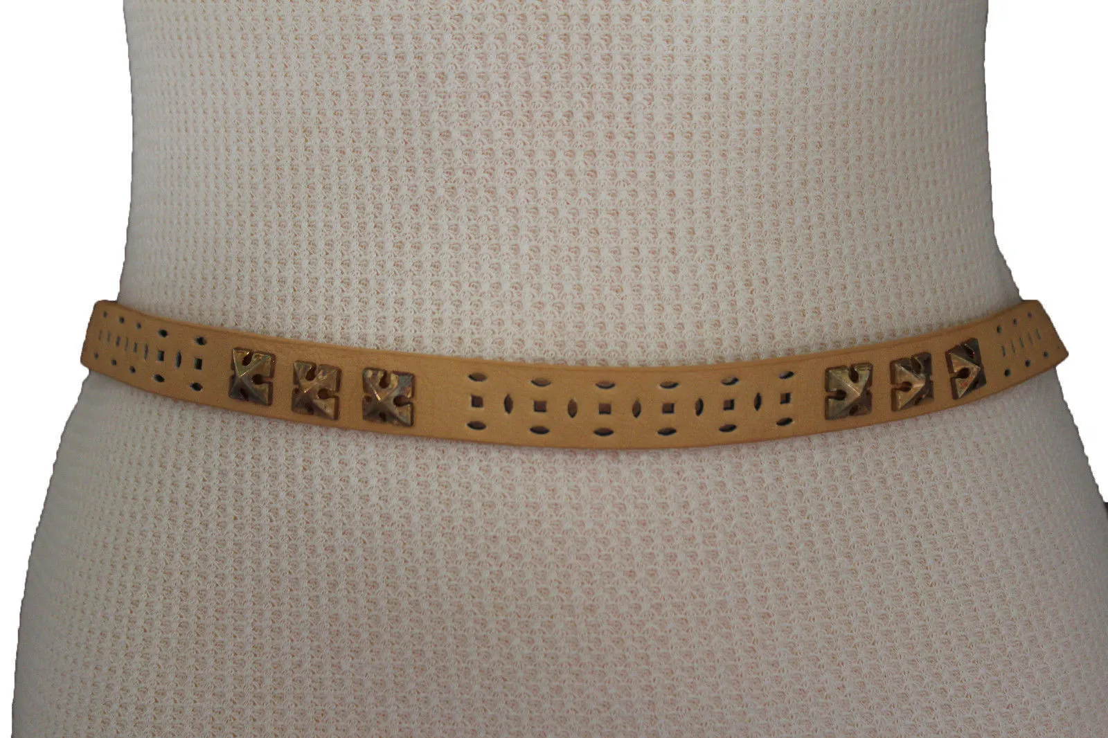 Women Black Peach Beige Faux Leather Bronze Belt Narrow Studs Gold Buckle Fashion S M