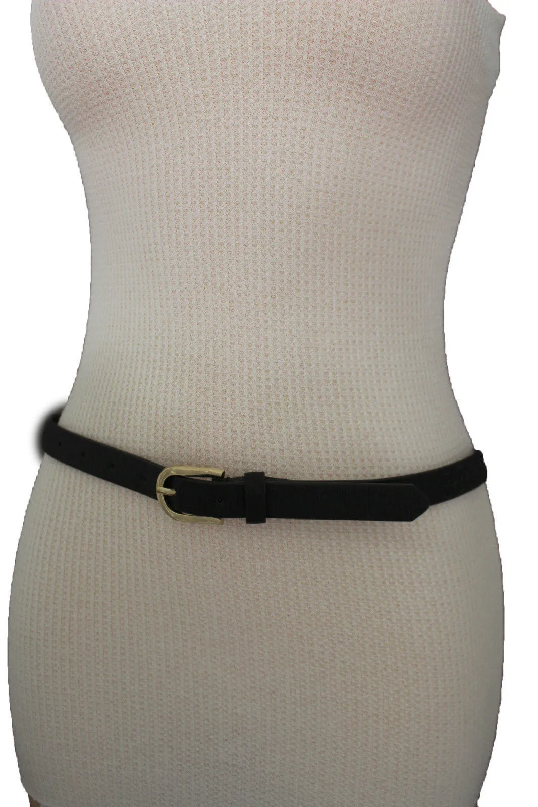 Women Black Peach Beige Faux Leather Bronze Belt Narrow Studs Gold Buckle Fashion S M