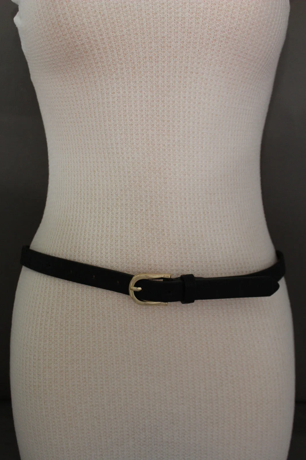 Women Black Peach Beige Faux Leather Bronze Belt Narrow Studs Gold Buckle Fashion S M