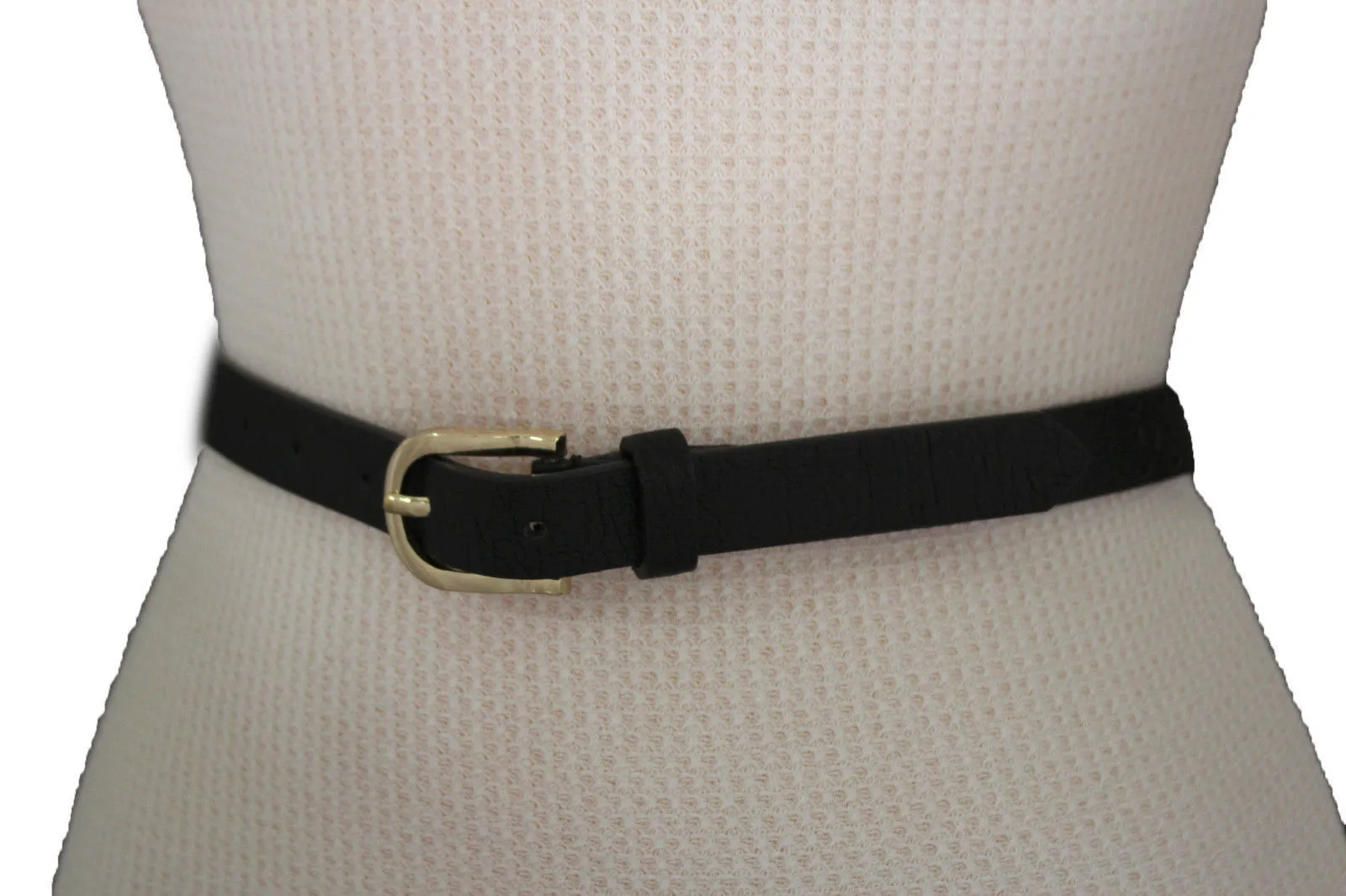 Women Black Peach Beige Faux Leather Bronze Belt Narrow Studs Gold Buckle Fashion S M