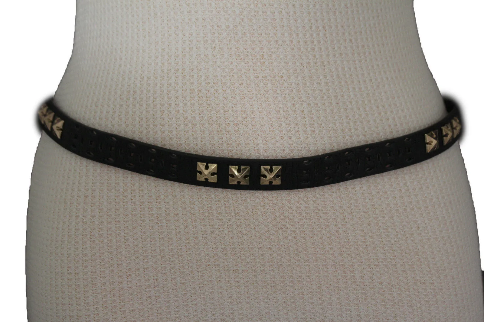 Women Black Peach Beige Faux Leather Bronze Belt Narrow Studs Gold Buckle Fashion S M