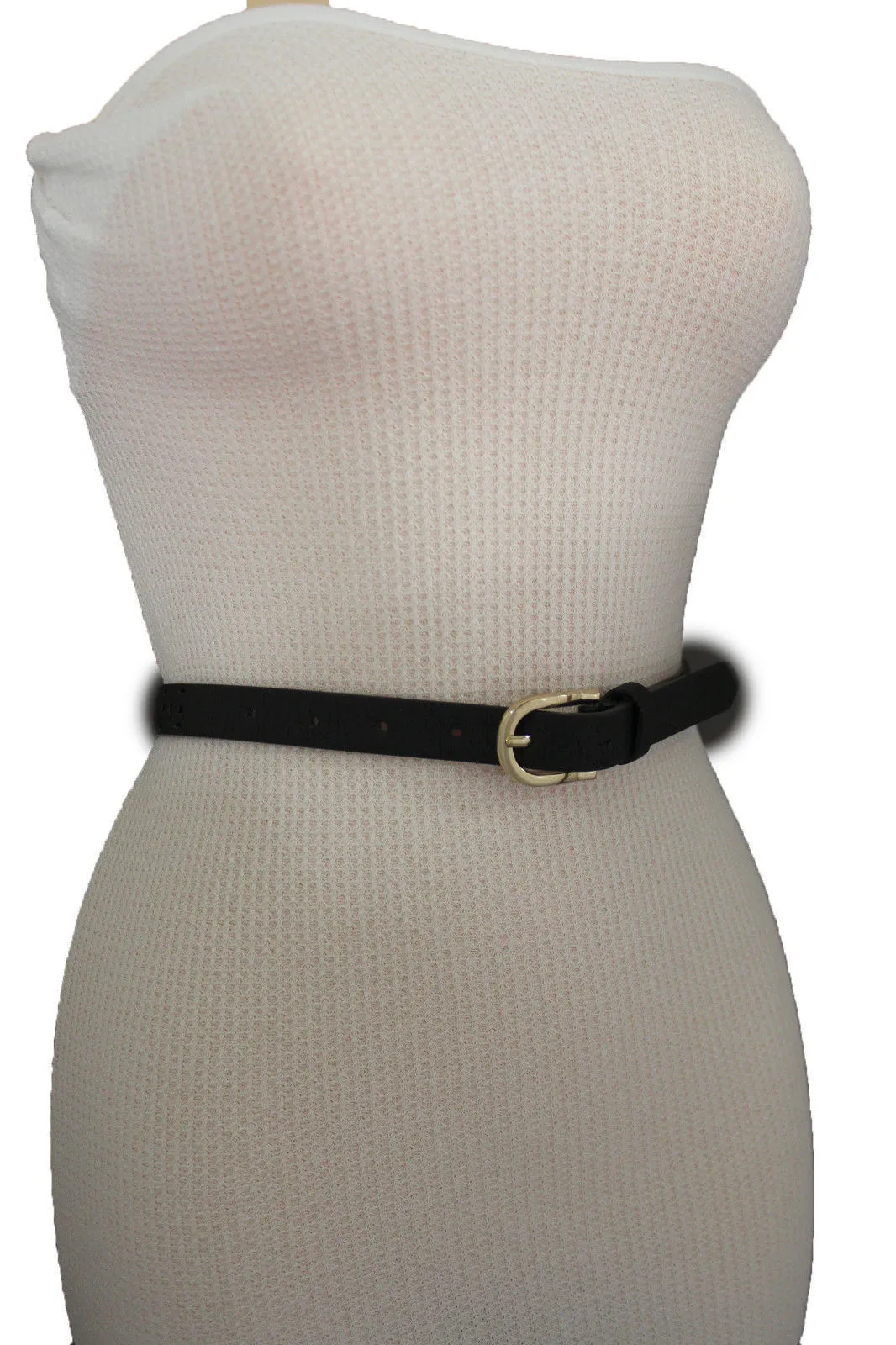 Women Black Peach Beige Faux Leather Bronze Belt Narrow Studs Gold Buckle Fashion S M