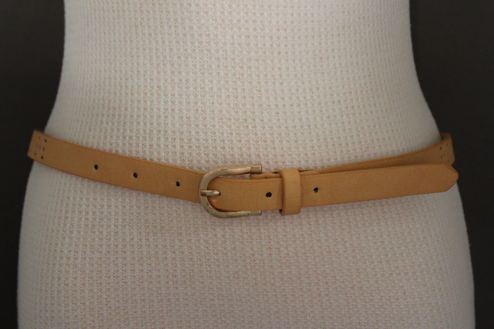 Women Black Peach Beige Faux Leather Bronze Belt Narrow Studs Gold Buckle Fashion S M