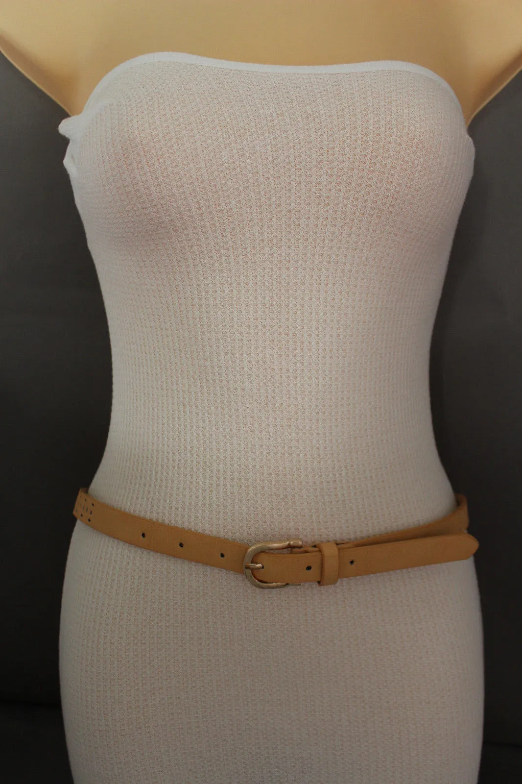 Women Black Peach Beige Faux Leather Bronze Belt Narrow Studs Gold Buckle Fashion S M
