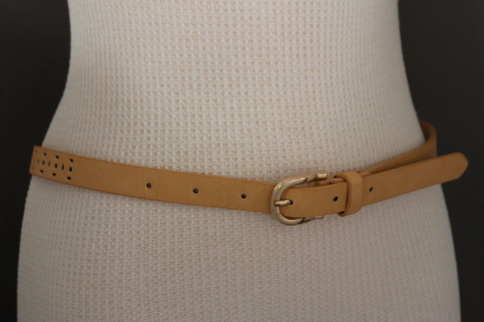 Women Black Peach Beige Faux Leather Bronze Belt Narrow Studs Gold Buckle Fashion S M