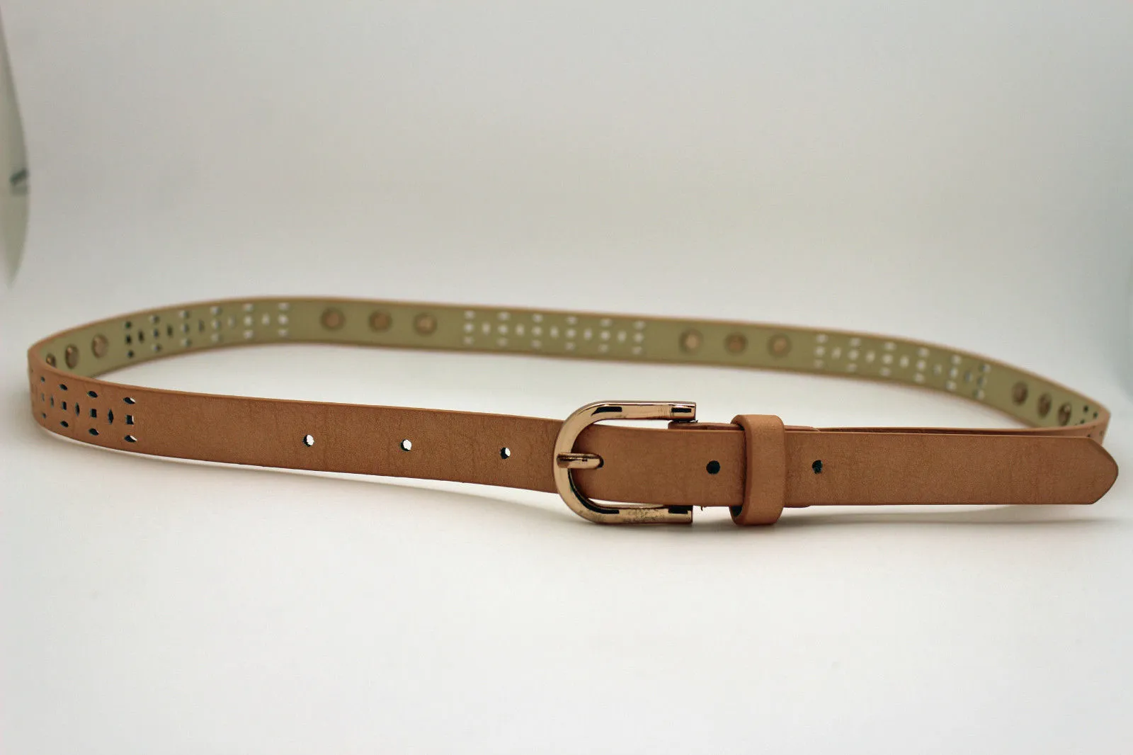 Women Black Peach Beige Faux Leather Bronze Belt Narrow Studs Gold Buckle Fashion S M