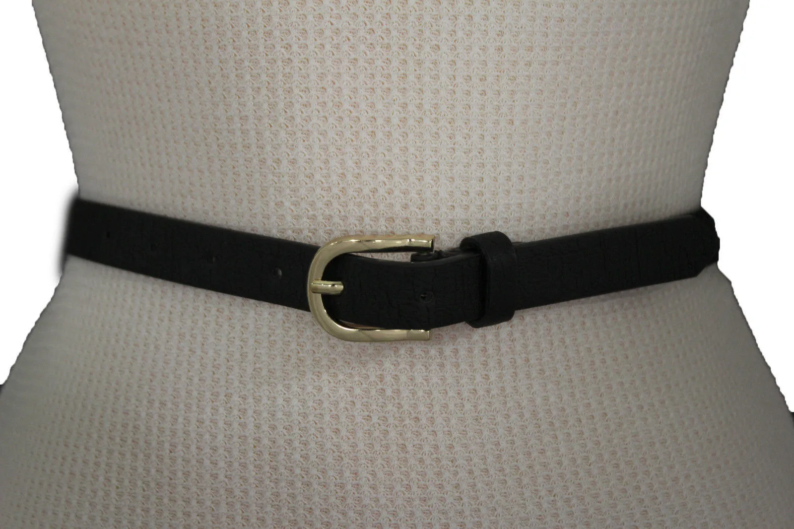 Women Black Peach Beige Faux Leather Bronze Belt Narrow Studs Gold Buckle Fashion S M