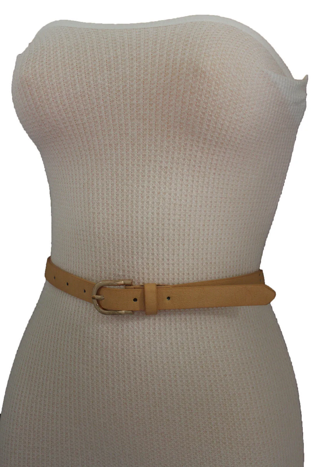 Women Black Peach Beige Faux Leather Bronze Belt Narrow Studs Gold Buckle Fashion S M