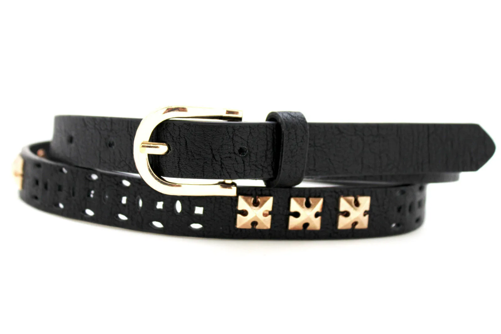 Women Black Peach Beige Faux Leather Bronze Belt Narrow Studs Gold Buckle Fashion S M