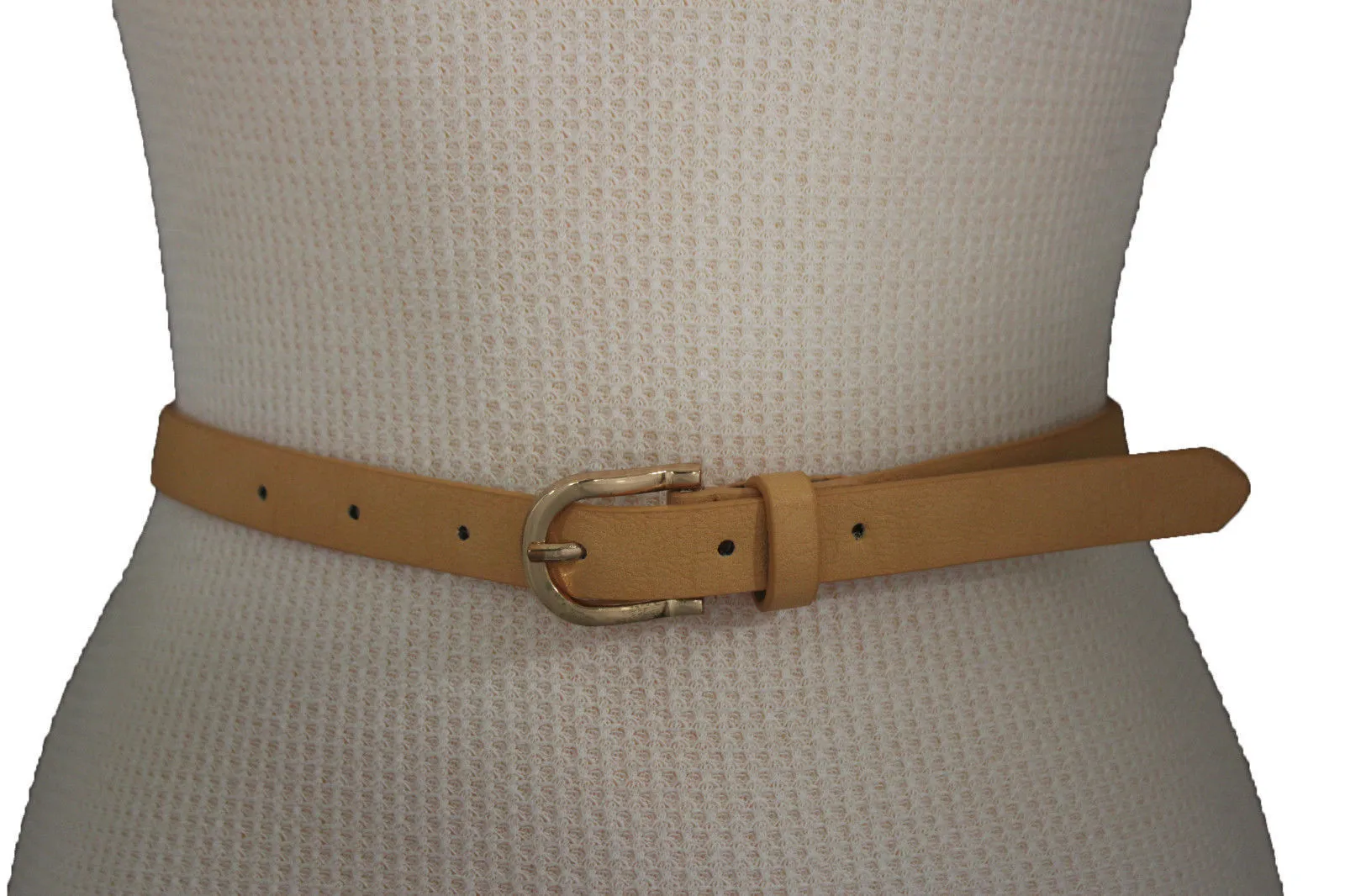 Women Black Peach Beige Faux Leather Bronze Belt Narrow Studs Gold Buckle Fashion S M