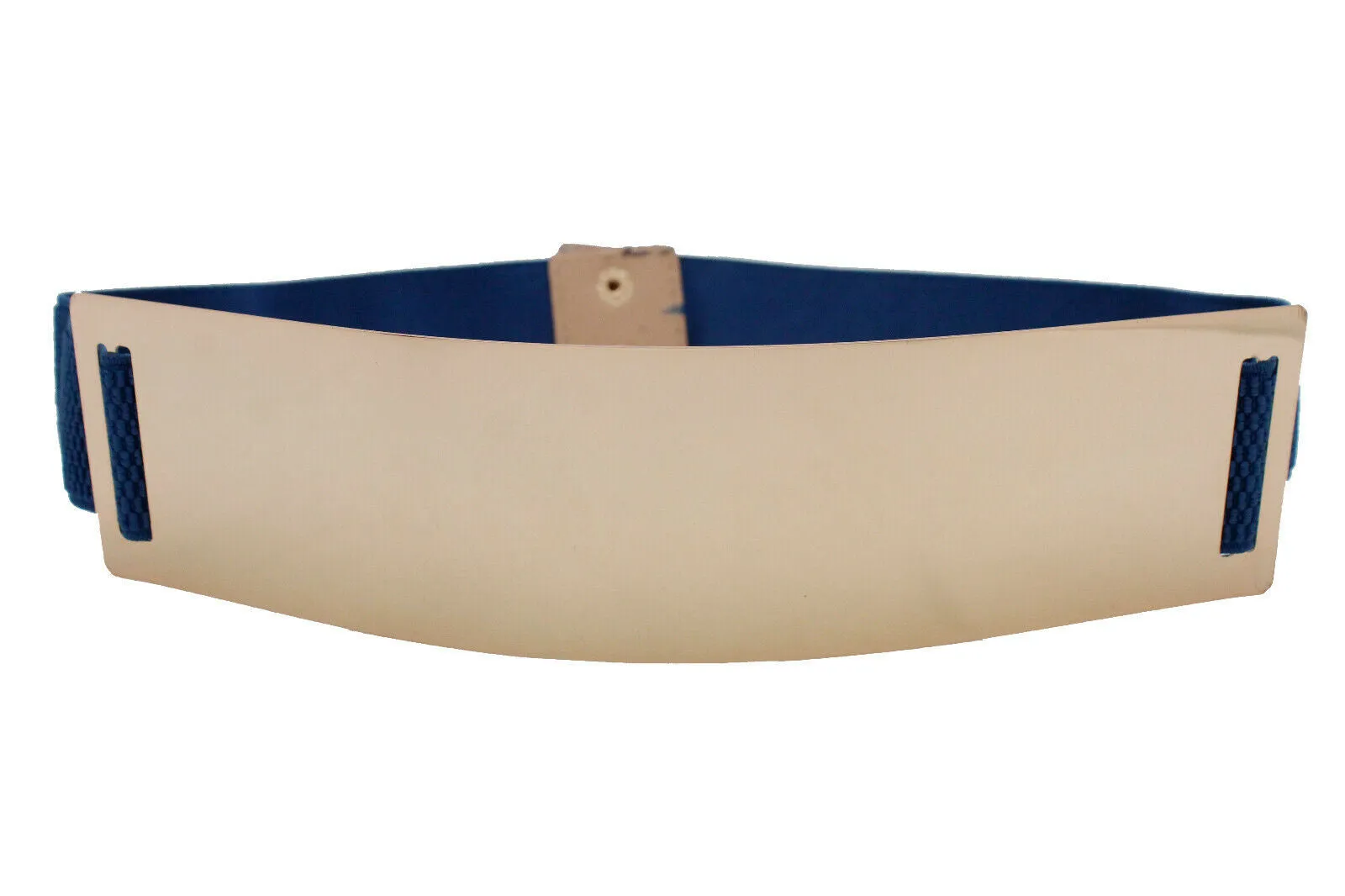 Women Blue Waistband Elastic Fashion Belt Gold Metal Plate Buckle Hip Waist Size S M