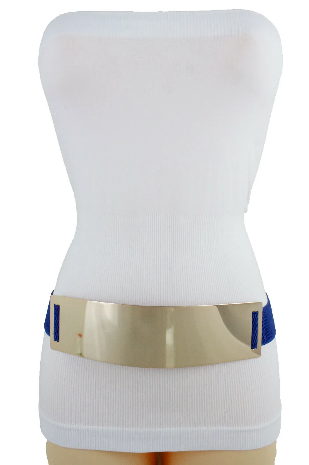 Women Blue Waistband Elastic Fashion Belt Gold Metal Plate Buckle Hip Waist Size S M