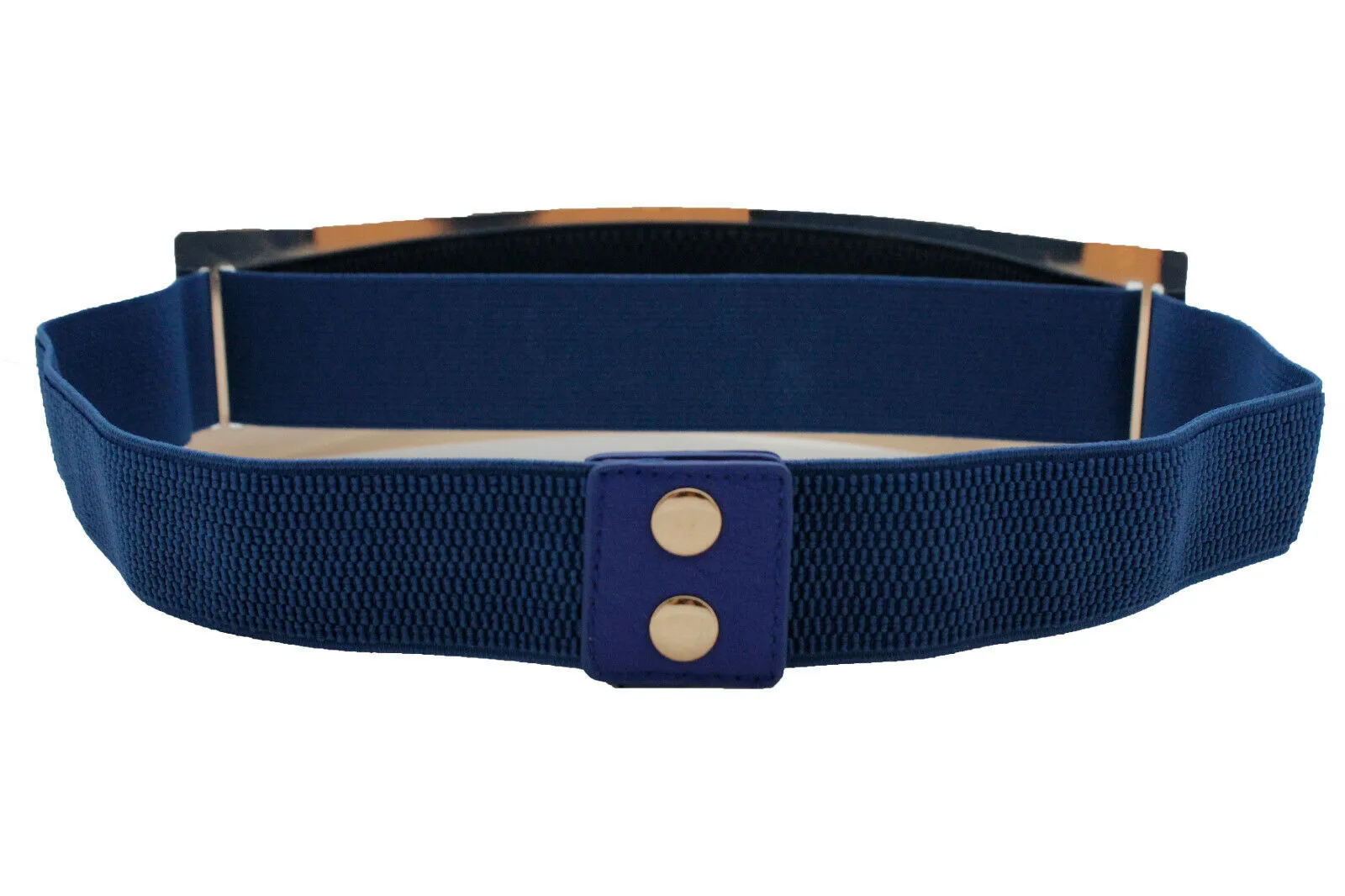 Women Blue Waistband Elastic Fashion Belt Gold Metal Plate Buckle Hip Waist Size S M