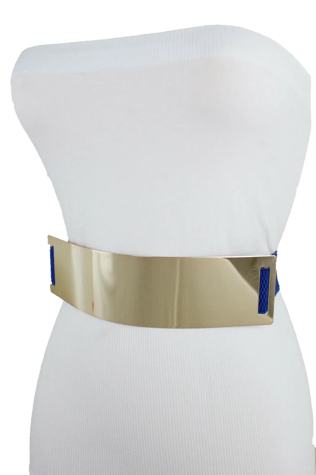 Women Blue Waistband Elastic Fashion Belt Gold Metal Plate Buckle Hip Waist Size S M