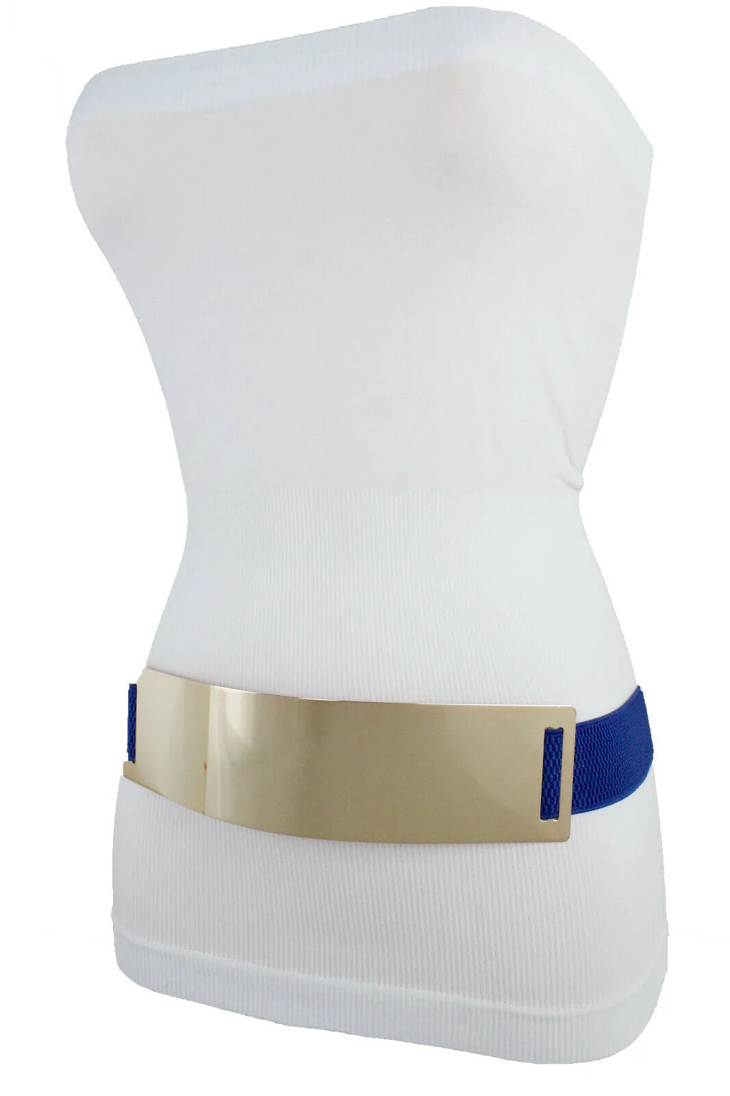 Women Blue Waistband Elastic Fashion Belt Gold Metal Plate Buckle Hip Waist Size S M