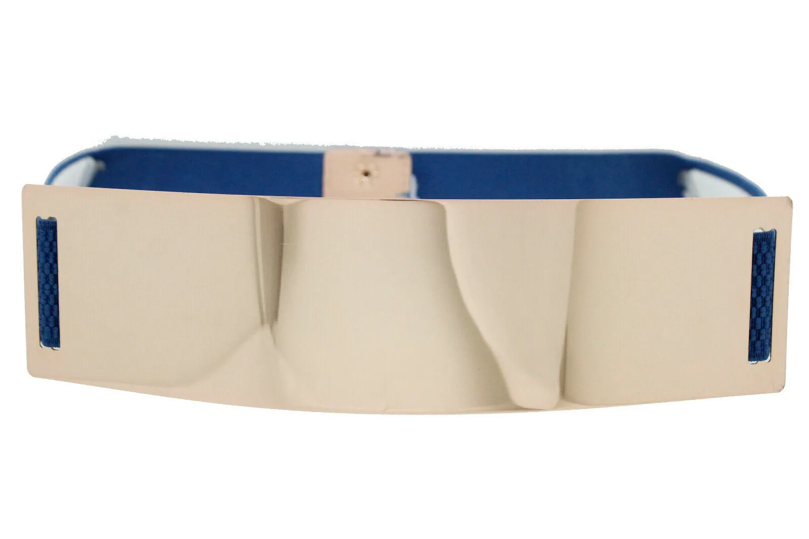 Women Blue Waistband Elastic Fashion Belt Gold Metal Plate Buckle Hip Waist Size S M