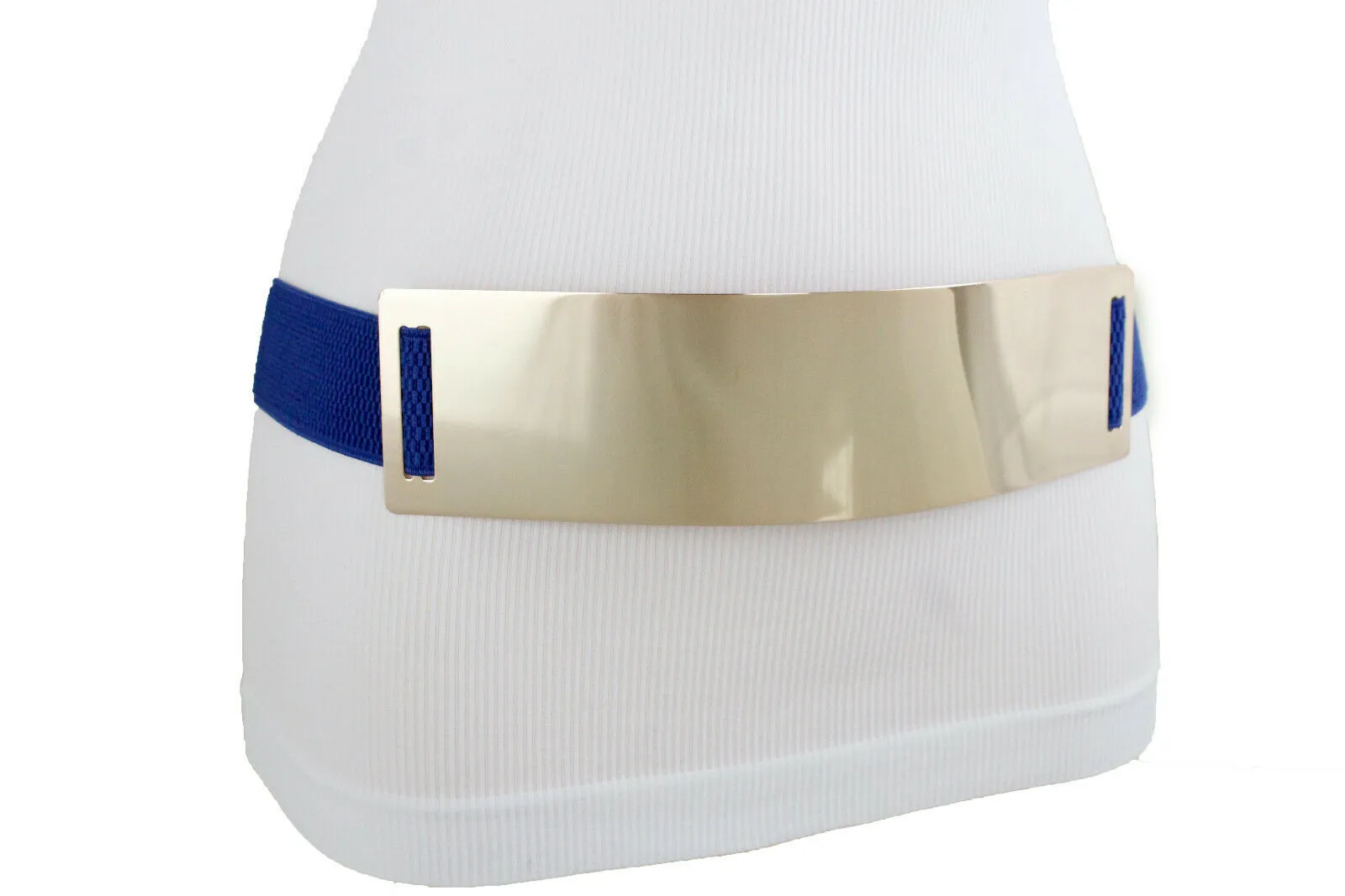 Women Blue Waistband Elastic Fashion Belt Gold Metal Plate Buckle Hip Waist Size S M