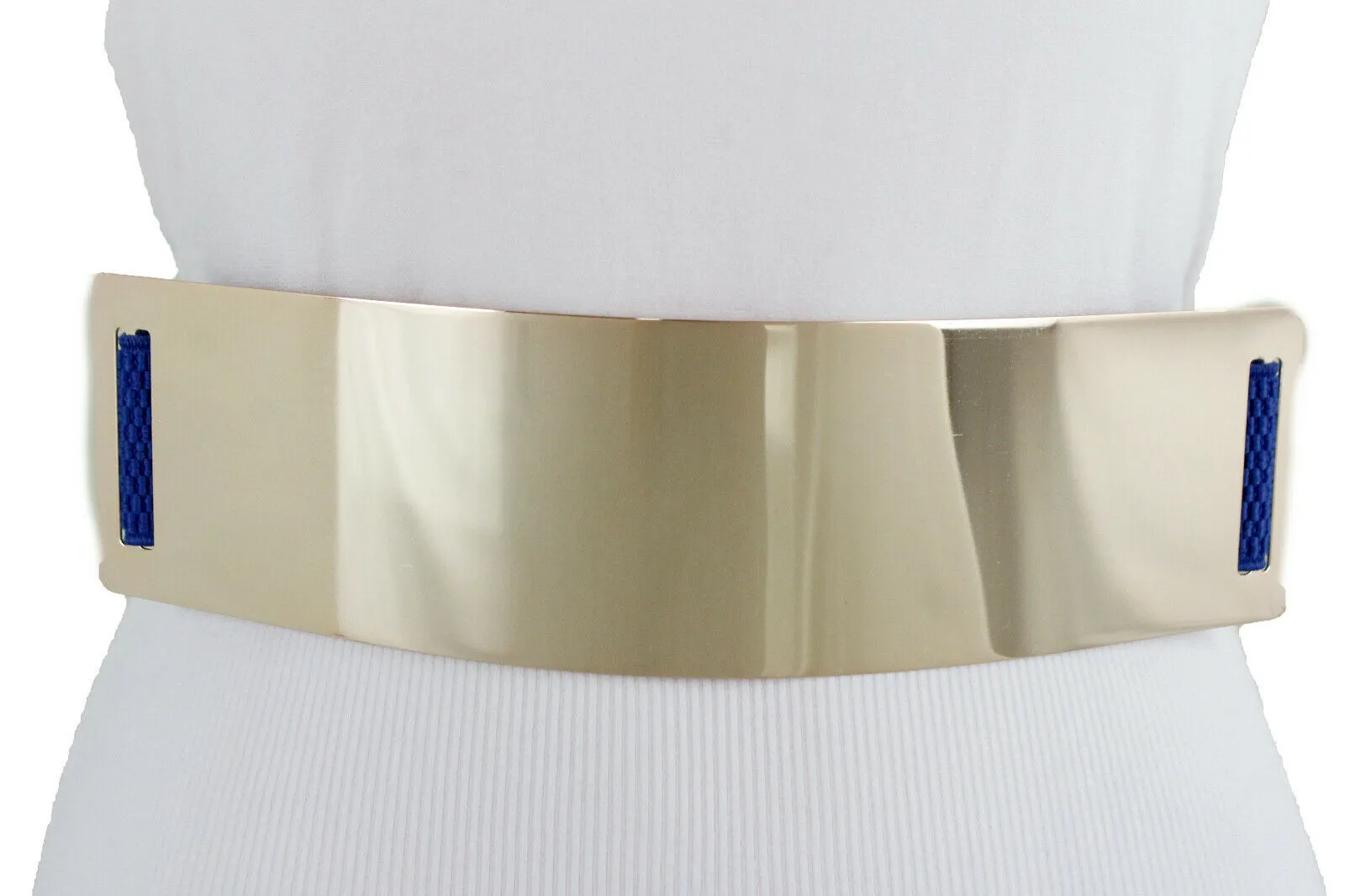 Women Blue Waistband Elastic Fashion Belt Gold Metal Plate Buckle Hip Waist Size S M