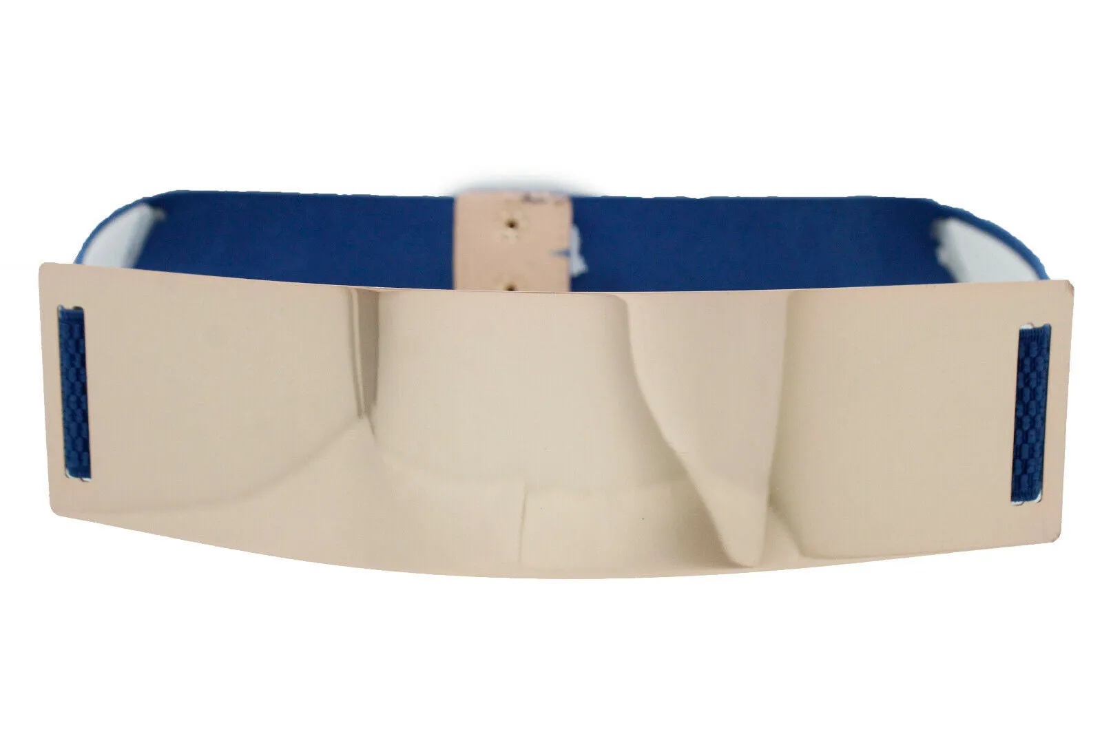 Women Blue Waistband Elastic Fashion Belt Gold Metal Plate Buckle Hip Waist Size S M