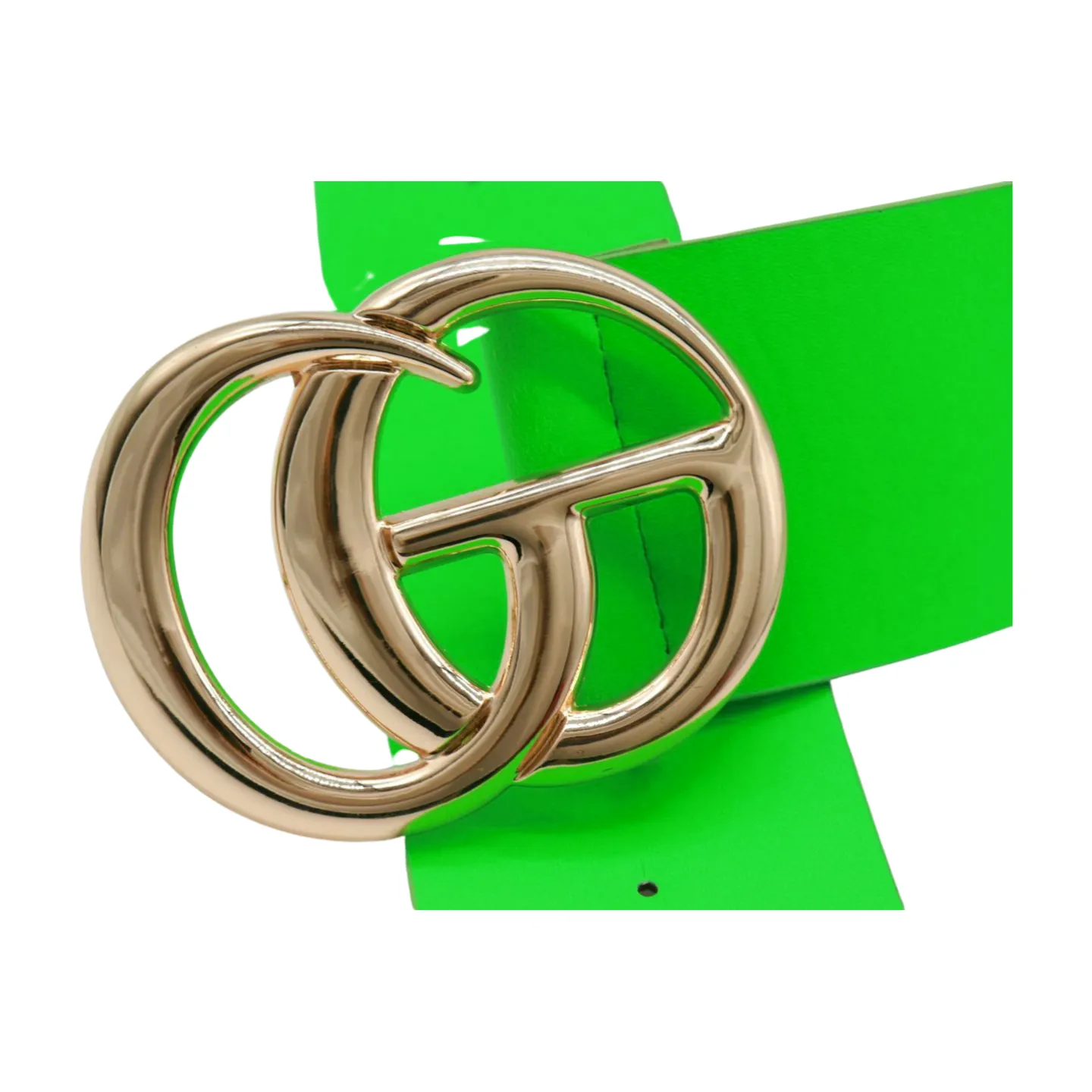 Women Bright Green Neon Wide Faux Leather Belt Gold Metal Circle Buckle S M