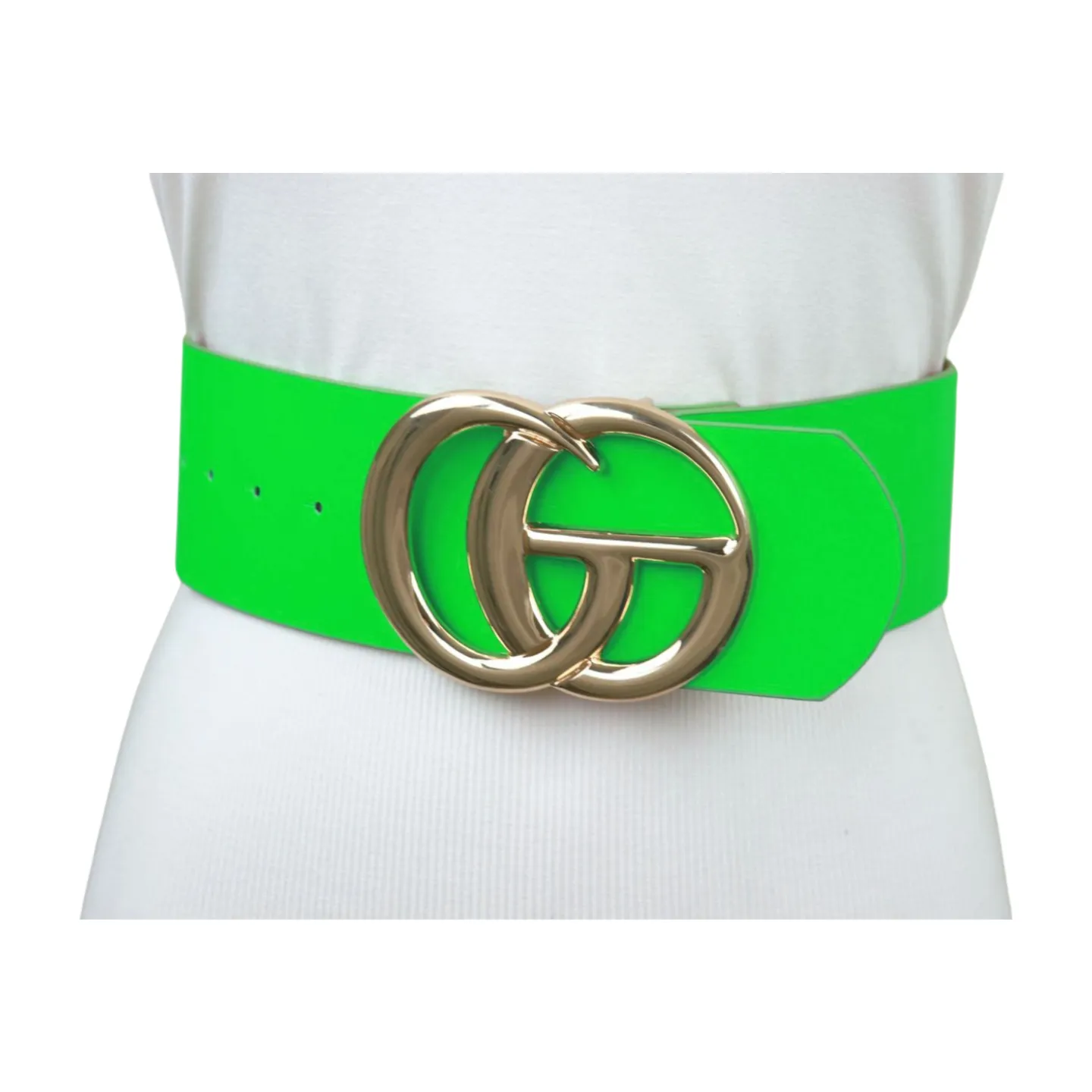 Women Bright Green Neon Wide Faux Leather Belt Gold Metal Circle Buckle S M