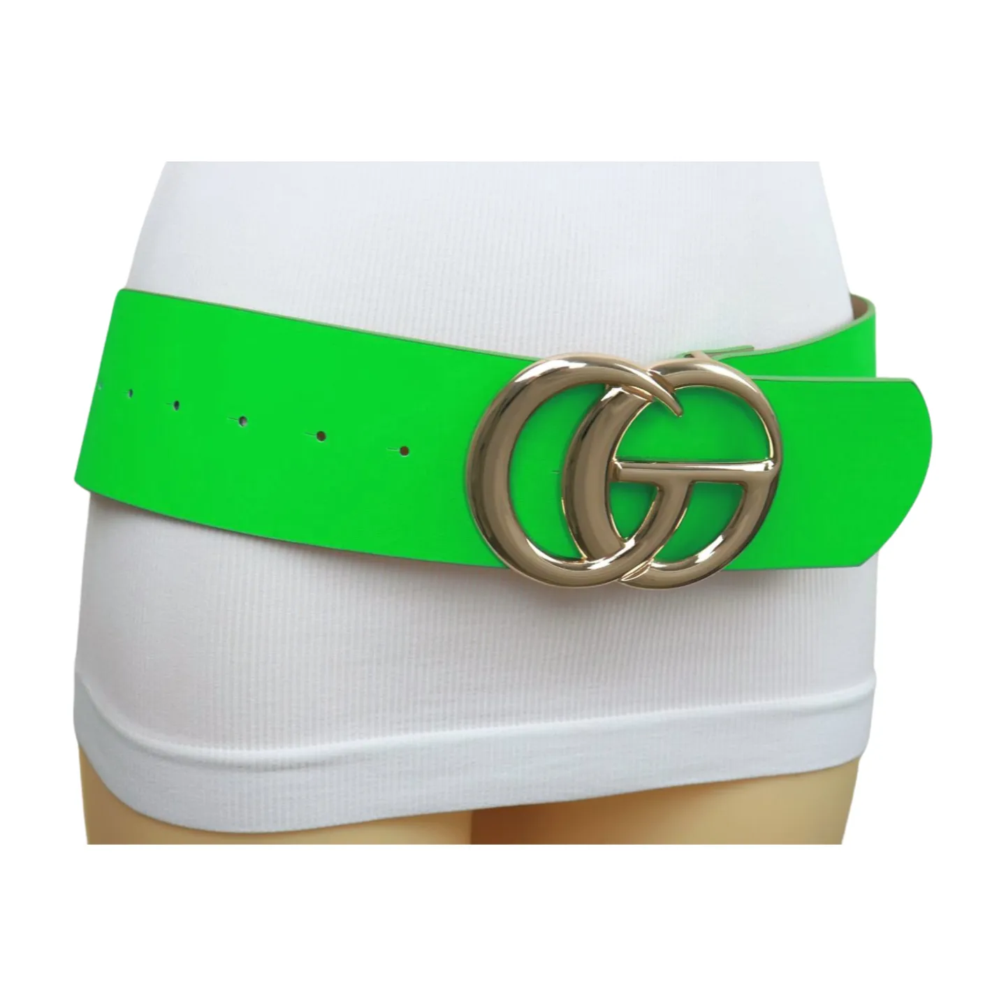 Women Bright Green Neon Wide Faux Leather Belt Gold Metal Circle Buckle S M