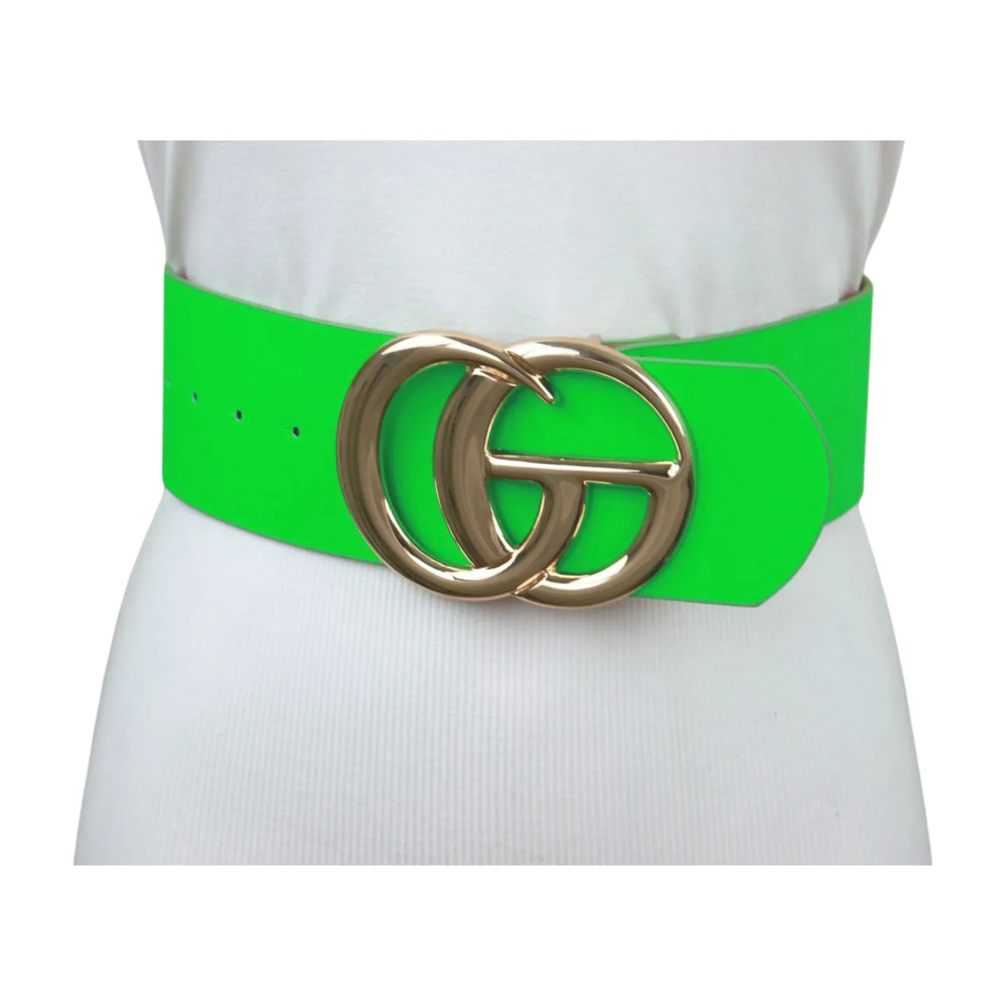 Women Bright Green Neon Wide Faux Leather Belt Gold Metal Circle Buckle S M