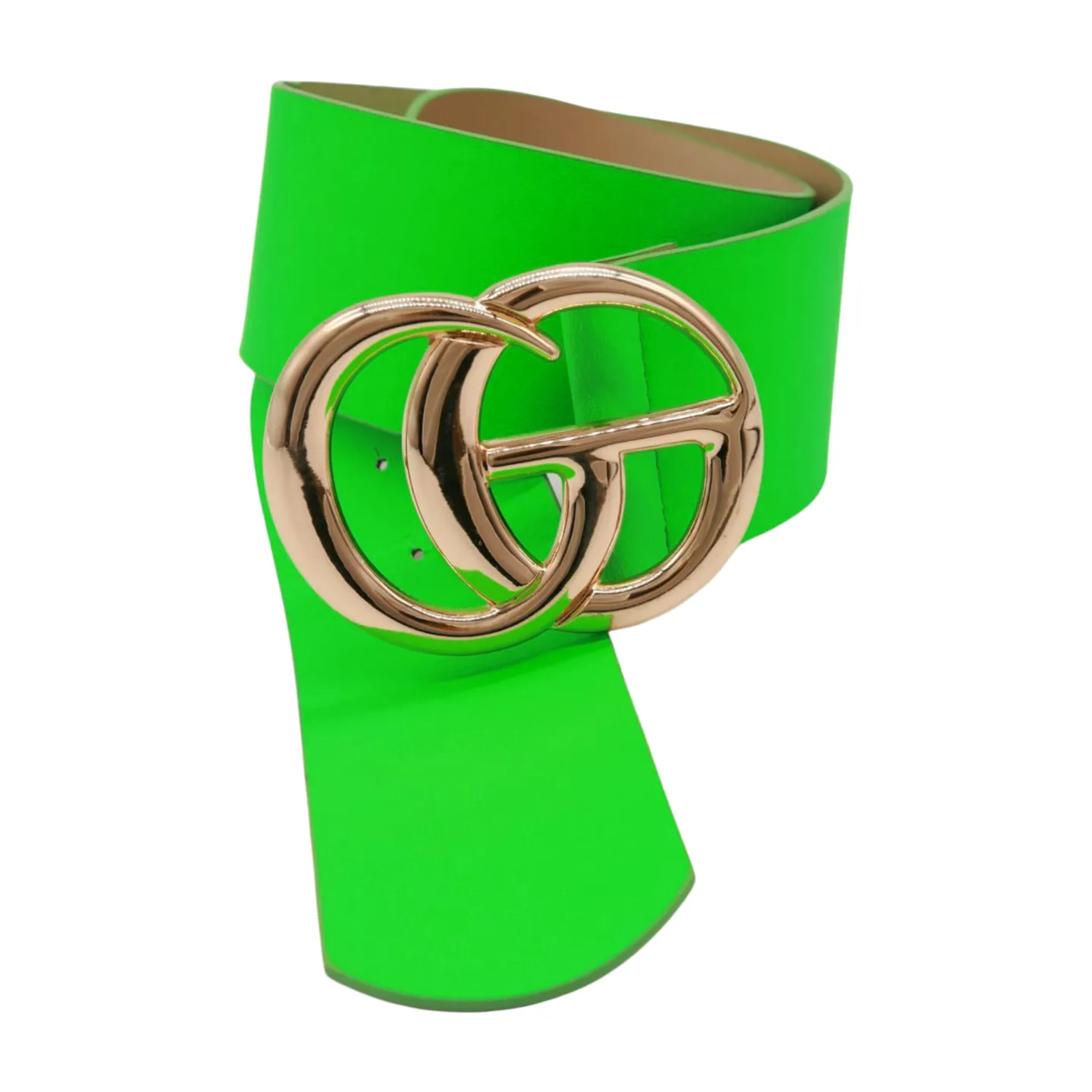 Women Bright Green Neon Wide Faux Leather Belt Gold Metal Circle Buckle S M