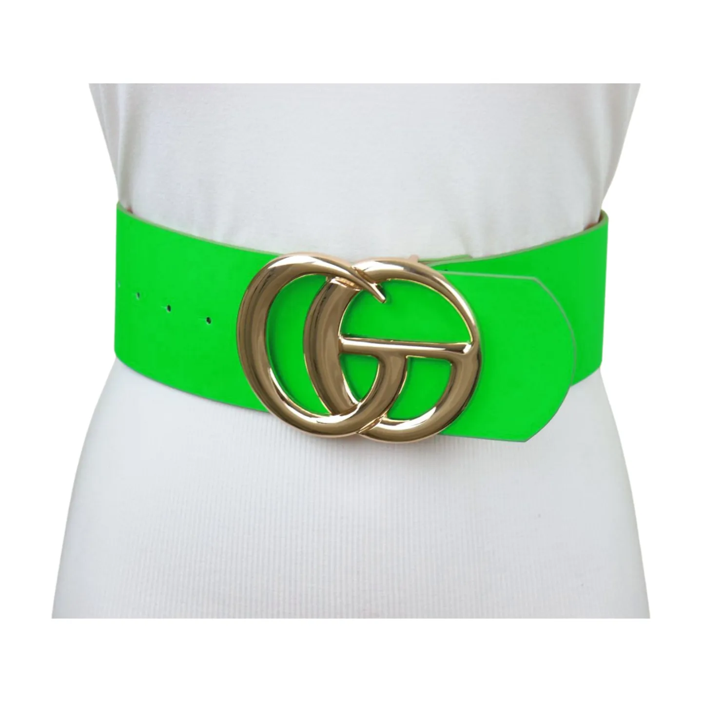 Women Bright Green Neon Wide Faux Leather Belt Gold Metal Circle Buckle S M