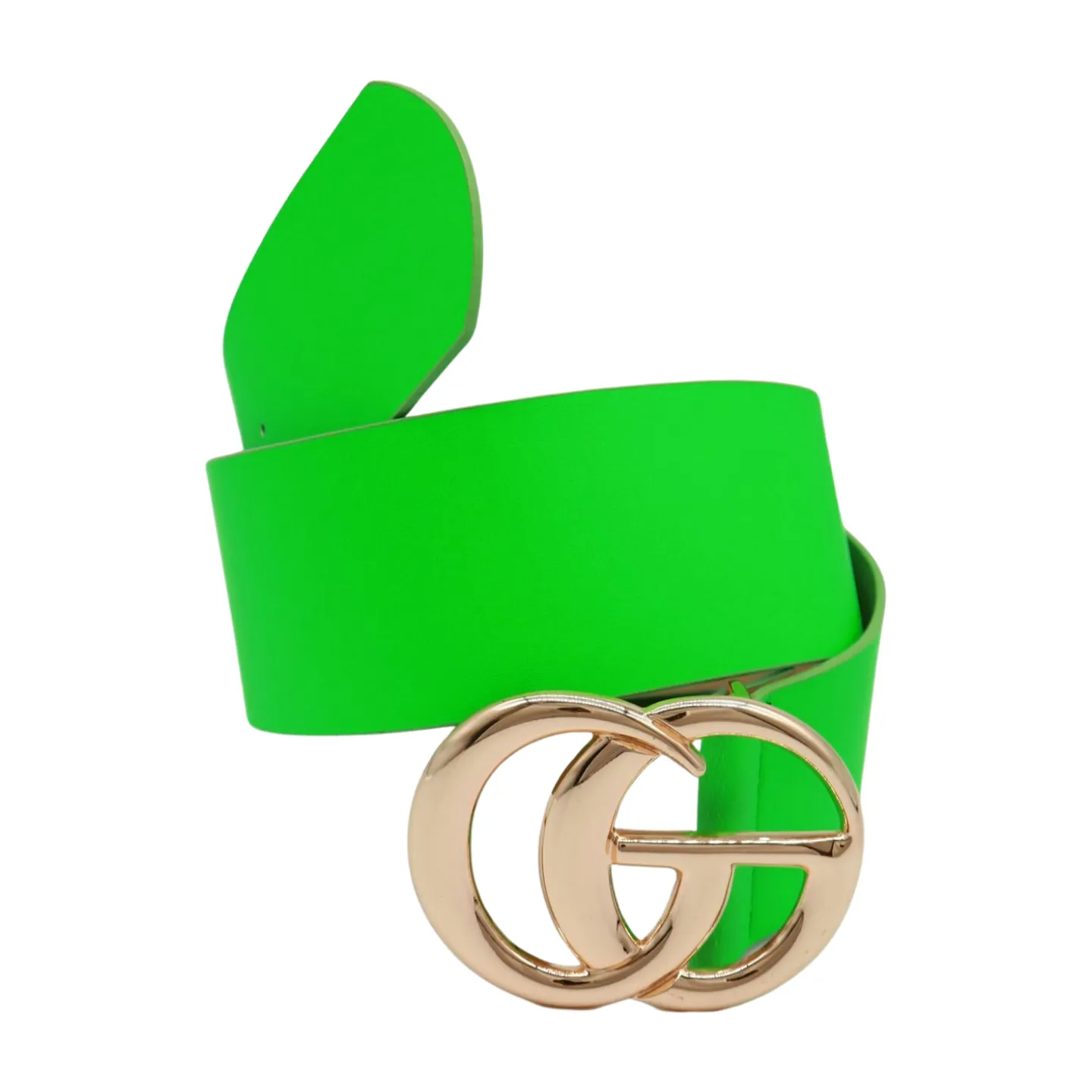 Women Bright Green Neon Wide Faux Leather Belt Gold Metal Circle Buckle S M